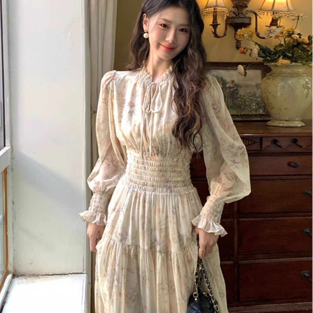 ชุดเดรสชีฟองลายดอกไม้สำหรับผู้หญิง ดีไซน์ใหม่ กระโปรงยาวและเอวแคบทราบความสวยงามในฤดูกาลใบไม้ร่วง