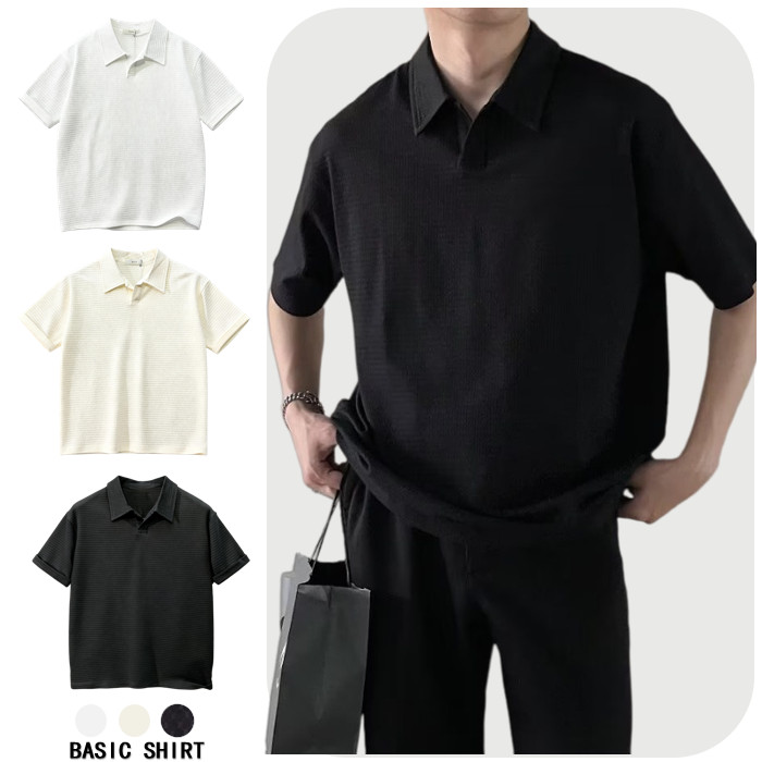 เสื้อโปโลแขนสั้น ผ้าเรยอน ลายวาฟเฟิล แฟชั่นสไตล์เกาหลี สําหรับผู้ชาย