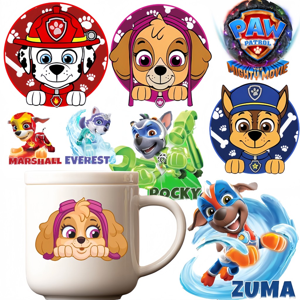 PAW Patrol Archie skye Marshall Rocky Rubble UV transfer สติกเกอร์คริสตัลโลโก้ถ้วยกล่องอาหารกลางวันเคสโทรศัพท์ตกแต่งกระเป๋าเดินทางฟิล์มฉีกขาดสติกเกอร์โปร่งใส