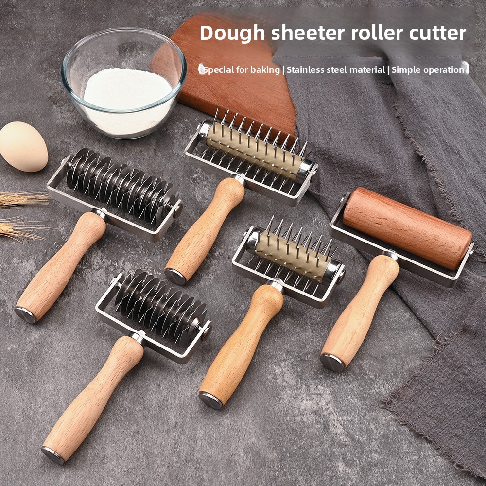 Stainless steel roller pizza cutter, rolling pin for baking dough, bread, and cookies, air vent hole