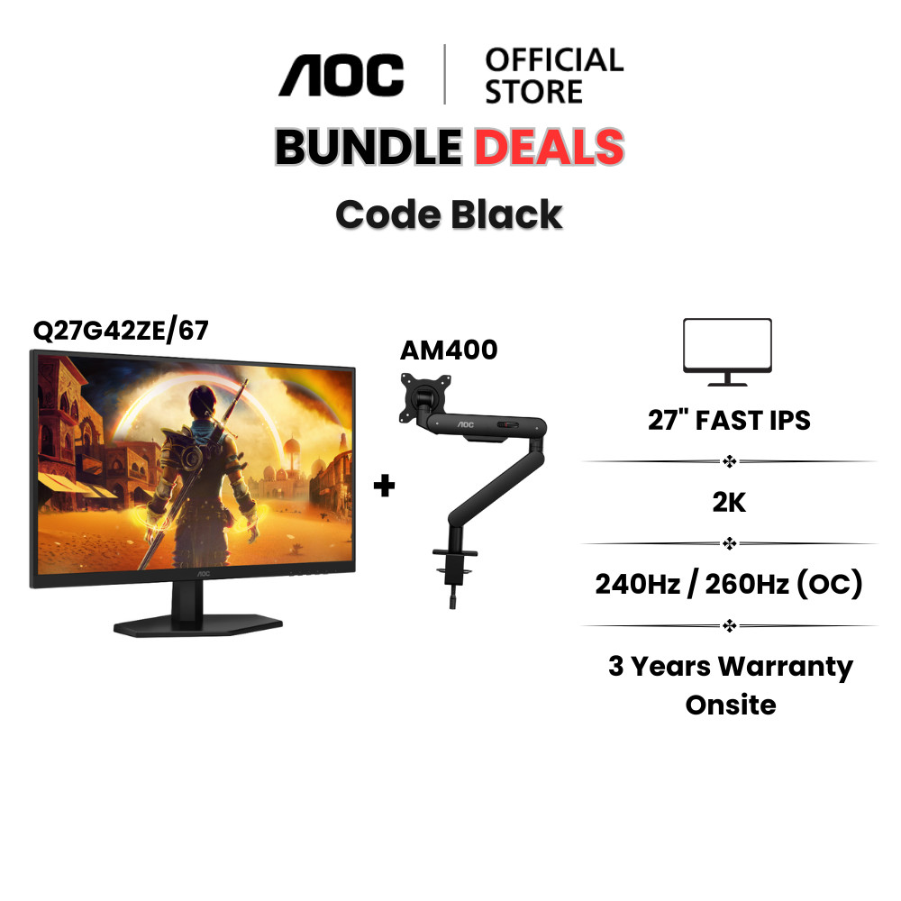 AOC Bundle Code Black (โคตรแบล็ค) | Q27G42ZE/67 Monitor + AM400 Monitor Arm