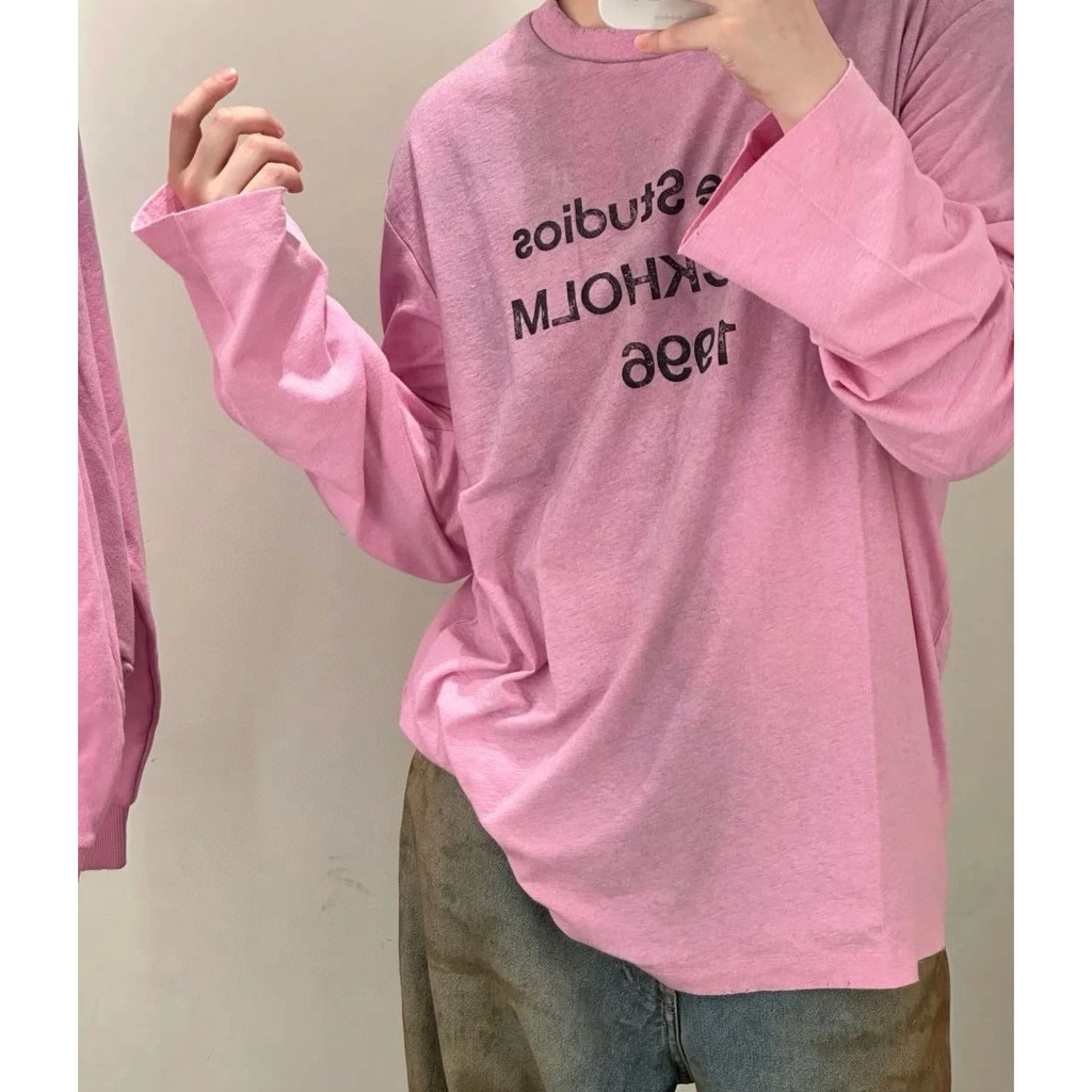 1CHO AC ล้าง Vintage พิมพ์ตัวอักษร Vintage Dirty Gradient น้ําหนักเบาแขนยาวเสื้อยืดแฟชั่น