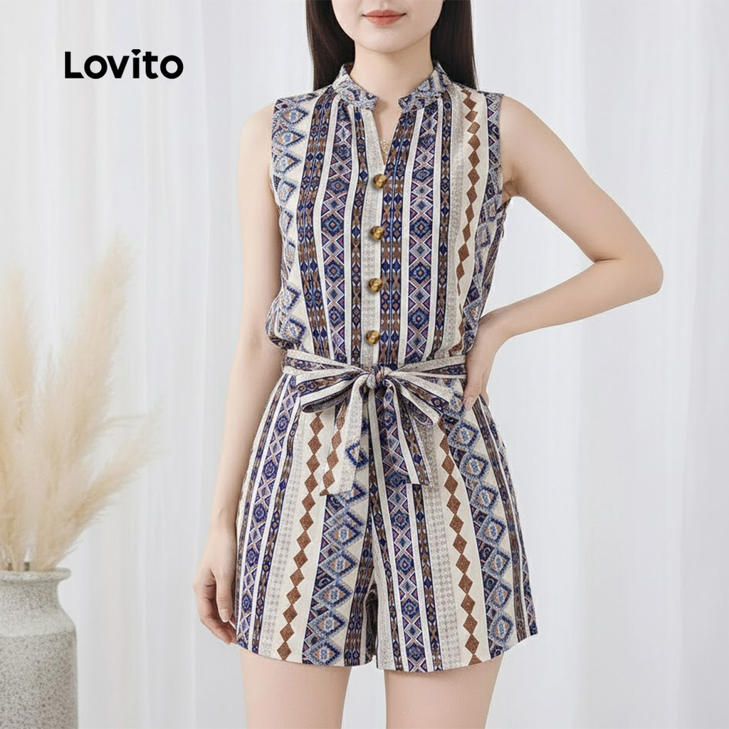 Lovito  จั๊มสูทโบโฮผู้หญิงผูกเชือกสําหรับฤดูใบไม้ผลิ/ฤดูร้อน LK3ED625