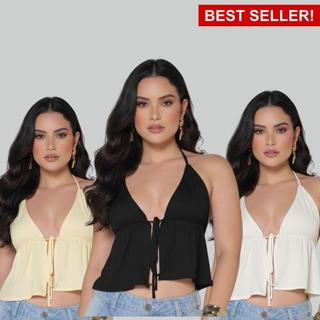 Cropped Feminino Estilosa Top Blusinha de Alcinha Batinha  Decote Amarração Regatinha Estilosa