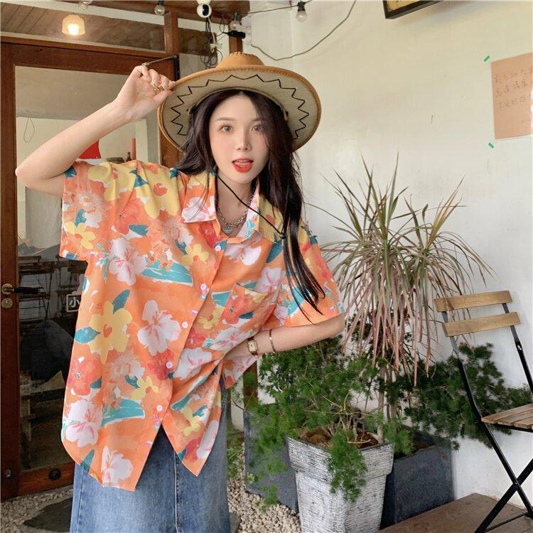 เสื้อเชิ้ตพิมพ์ลายดอกไม้แฟชั่น เสื้อฮาวาย เสื้อสงกรานต์ แขนสั้น ติดกระดุมด้านหน้า เนื้อผ้าคุณภาพดี สวมใส่สบาย