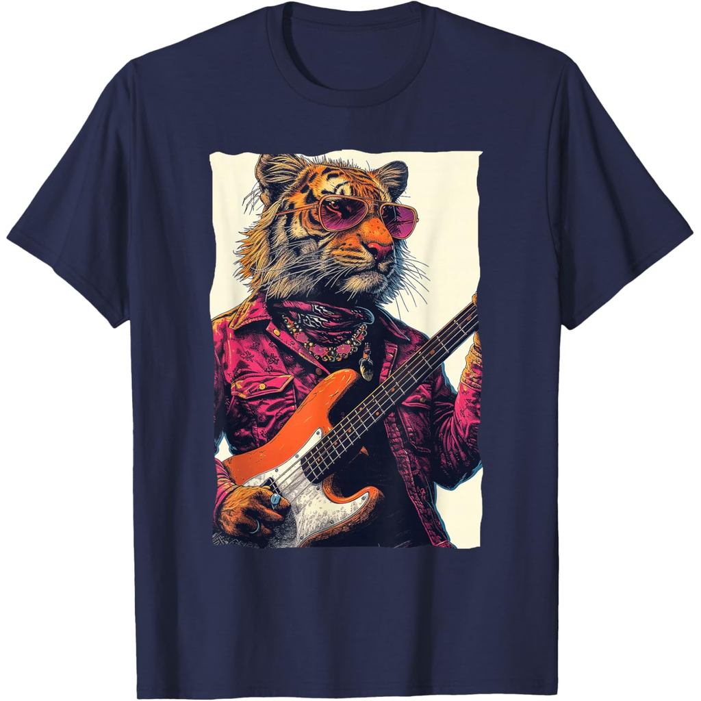 Cool Tiger Playing Guitar Retro Music lover T-Shirt