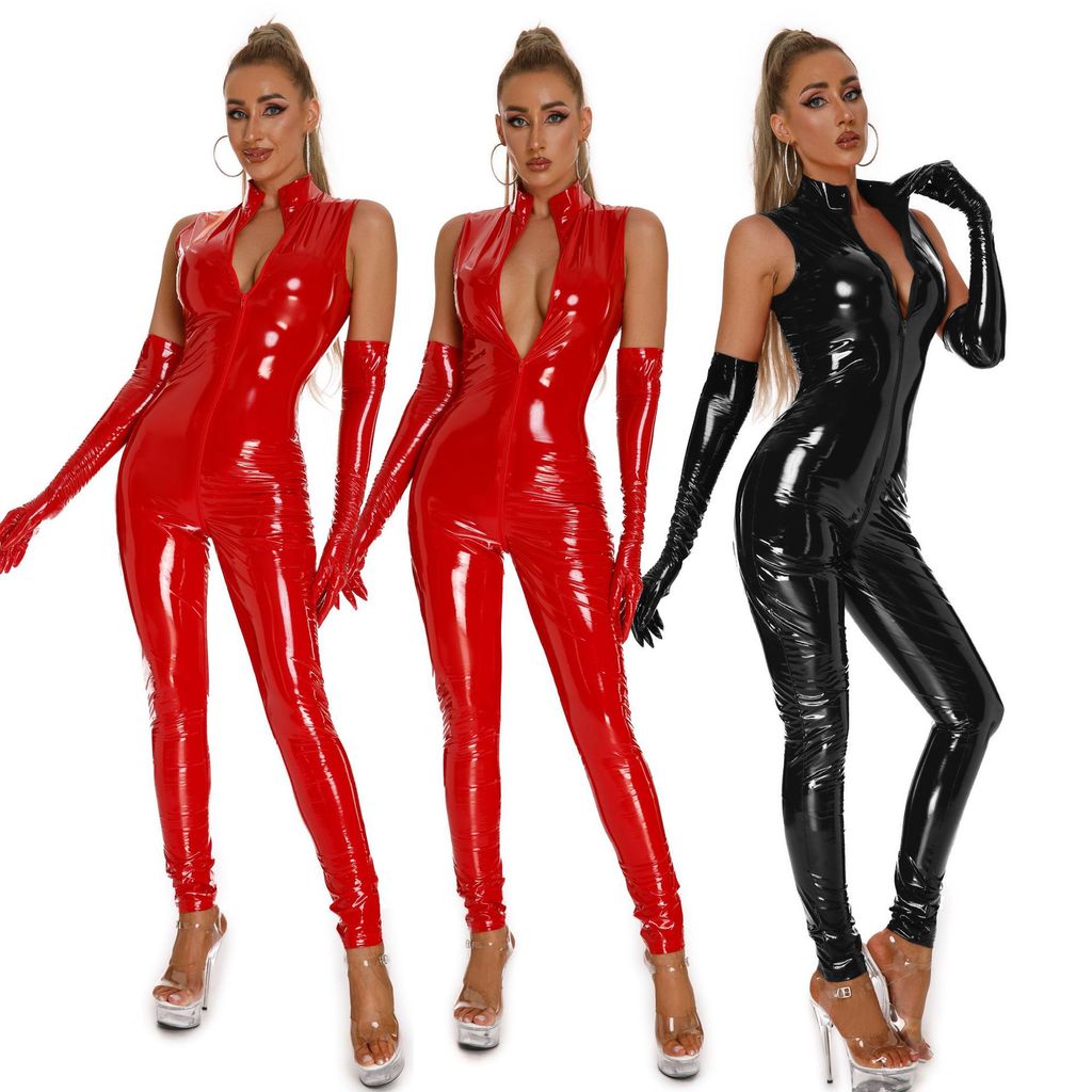 Shiny PU หนังบอดี้สูทกระจกซิปไนท์คลับ Catsuit S-5XL Fetish Latex สไตล์