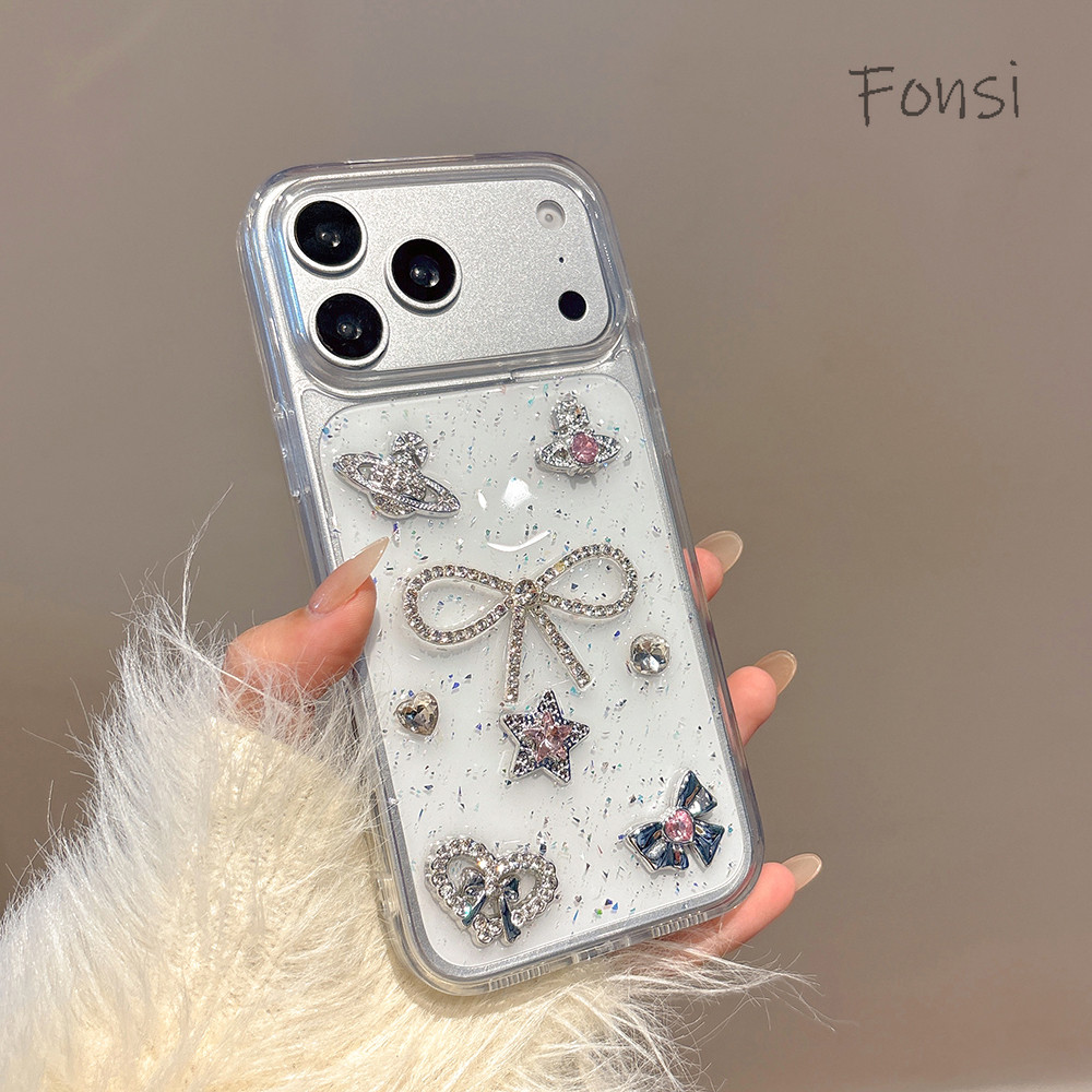 Glitter Clearเคสโทรศัพท์Rhinestone Bow Saturn Star CharmsสําหรับiPhone 17 16 15 14 13 Pro Maxกันกระแ