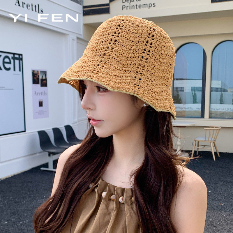 YIFEN ญี่ปุ่นสีทึบ All-Match หมวกถักผู้หญิงขนาดเล็กสดบังแดด Breathable ถังวรรณกรรม Wave Brim หมวก