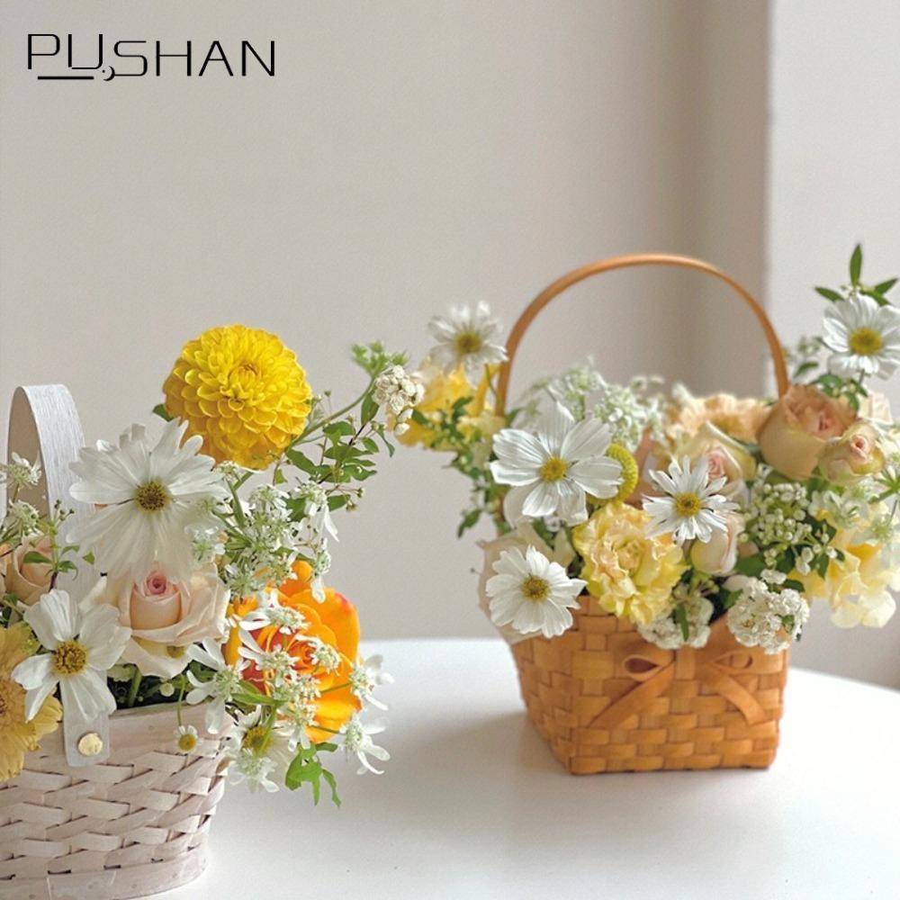 ตะกร้าหวาย Hand-Woven Willow สำหรับงานปิกนิกและเจ้าสาว ออกแบบครีเอทีฟมีที่จับ Bowknot