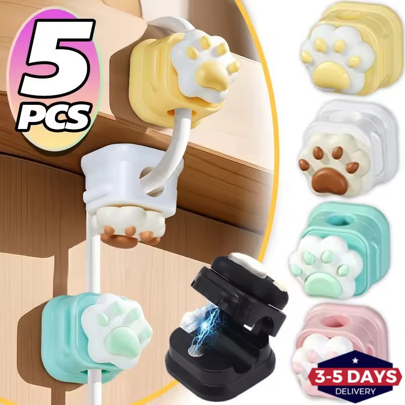 [จัดส่ง 3-5 วัน]ตัวจัดการสายเคเบิลข้อมูลเดสก์ท็อปการจัดการสายเคเบิลแบบมีกาวในตัวพร้อมการออกแบบแม่เหล็กตัวยึดสายพลาสติกรูปอุ้งเท้าแมว 5 สี