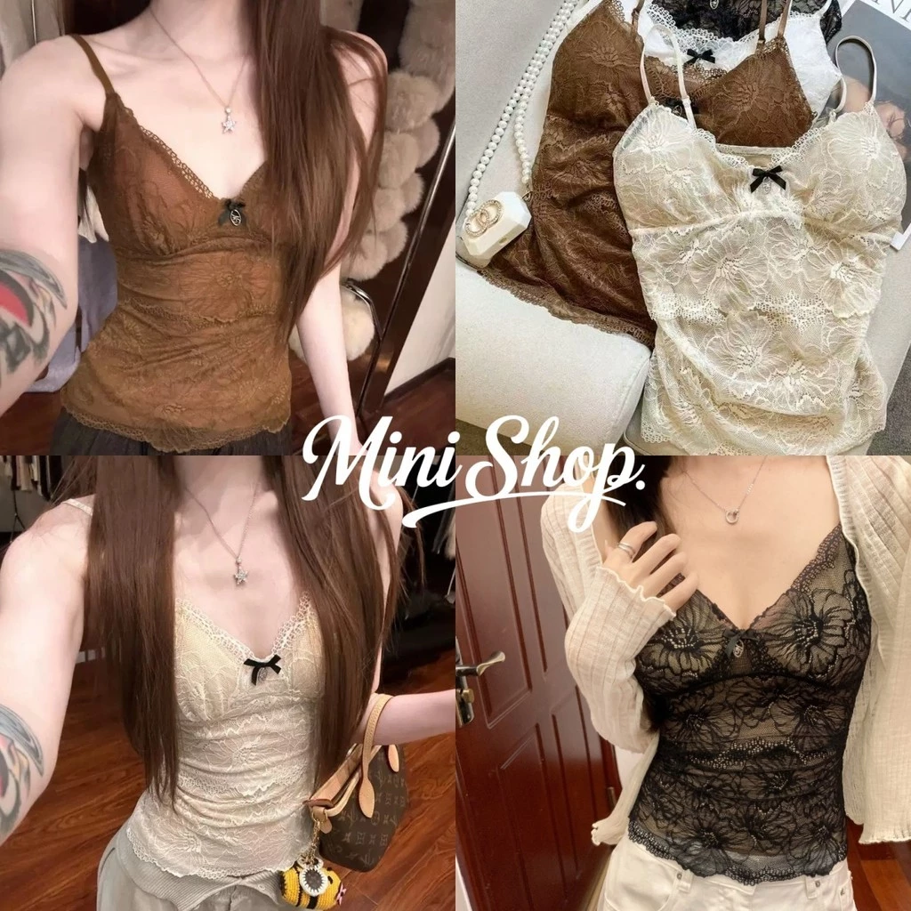 Mini shop🌸พร้อมส่ง🌸(FY2904)เสื้อสายเดี่ยว เสริมฟองน้ำในดีเทลลายลุกไม้ ทรงรัดรูป เสื้อครอปคล้องคอ เสื้อกล้ามผู้หญิง