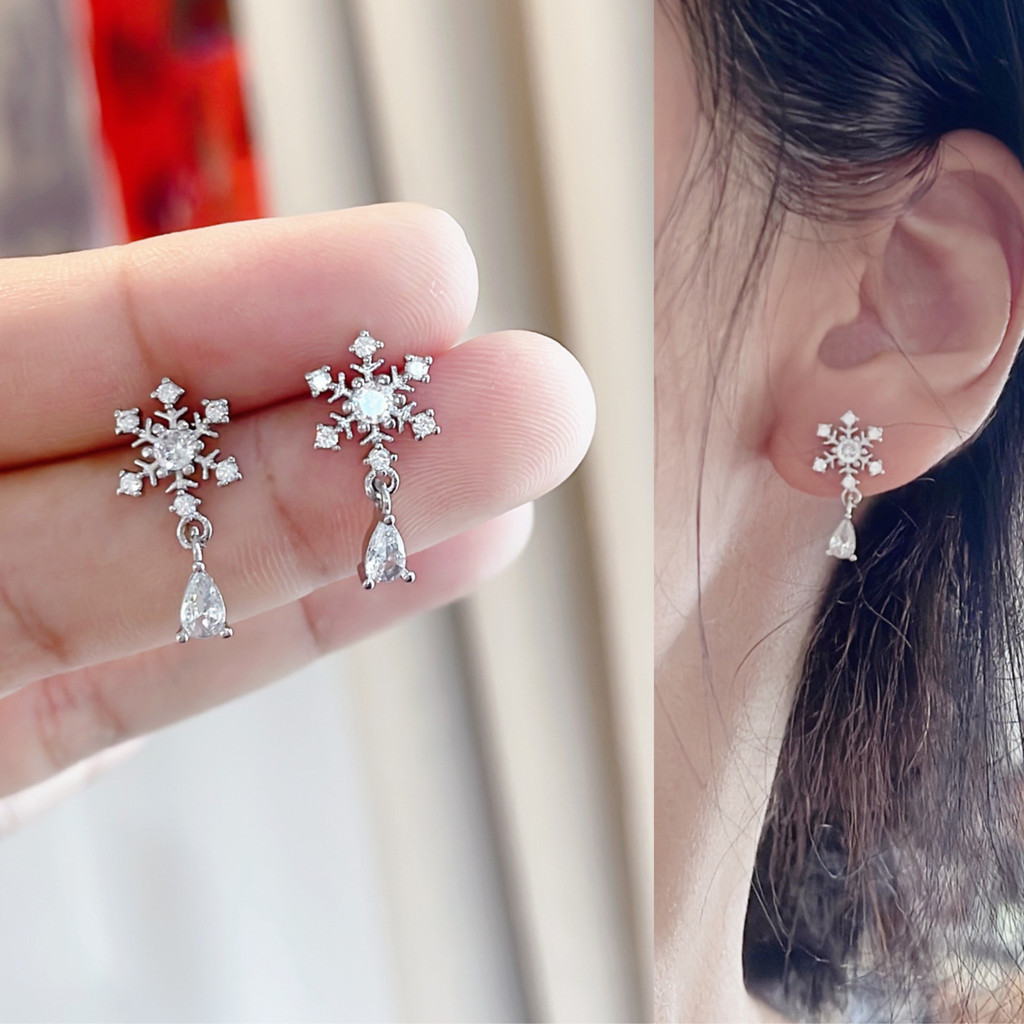[หนีบ, เจาะ] ต่างหูเกล็ดหิมะห้อยเพชรคริสตัล สำหรับคนไม่เจาะหู แป้นใส หนีบสบาย ใส่ได้ทั้งวัน