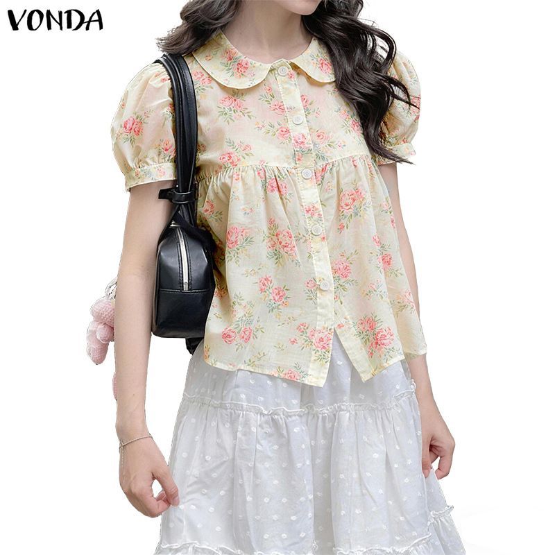 VONDA ผู้หญิงสาวเกาหลีสไตล์สาวคอตุ๊กตาพัฟแขนดอกไม้พิมพ์ปุ่มขึ้นเสื้อ A-Line