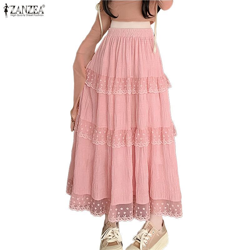 ZANZEA ผู้หญิงเกาหลีหวานอ่อนโยนอารมณ์เอวยางยืด Layering ลูกไม้ Splicing A-Line Oversirt