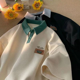 Chaistyle เสื้อโปโลผู้ชาย แขนสั้นวาฟเฟิลด์ เสื้อผู้หญิง ชุดคู่รัก ลำลอง ปกพับ