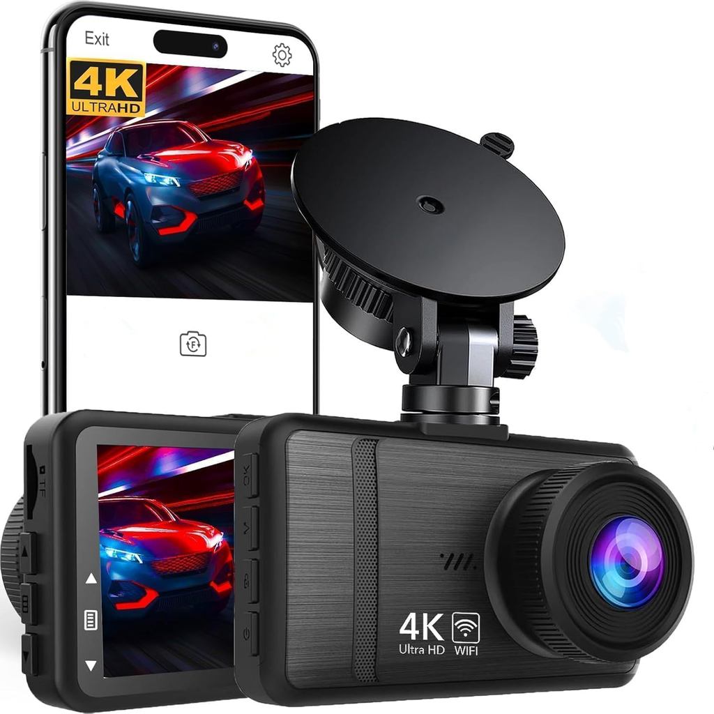 Dash Cam ด้านหน้าและด้านหลัง, 4K HD Dash Cam สําหรับรถยนต์ WiFi ในตัว, กล้องติดรถยนต์พร้อมการมองเห็น