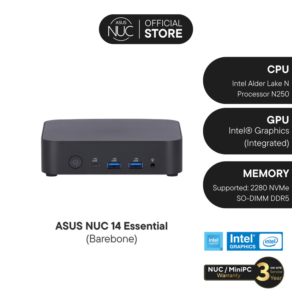 Asus NUC14 Essential (Barebone) Minni PC Intel C3 N355 RAM DDR5 / NVMe SSD | No OS