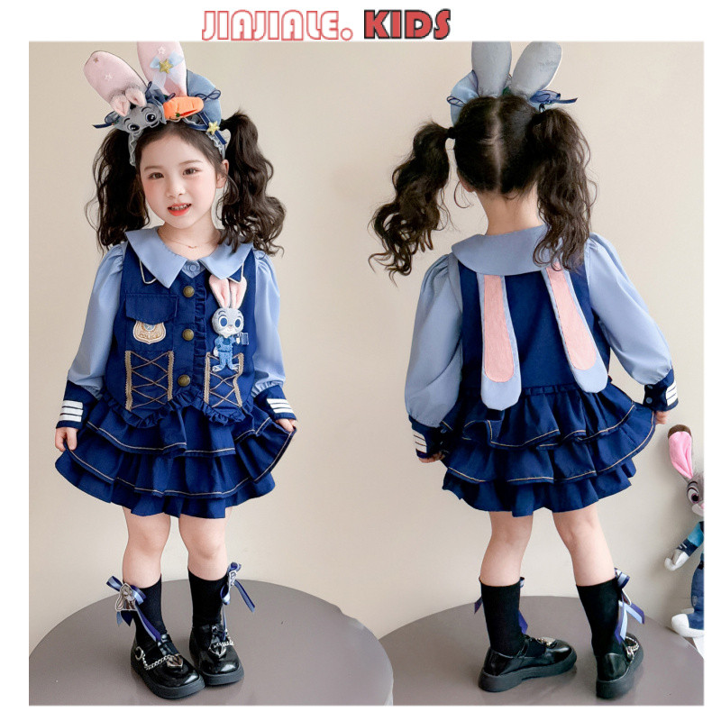 SIZE100-160 ชุดคอสเพลย์ Judy Hopps 9 ชิ้น | ชุดเครื่องแบบตํารวจ ซูโทเปีย พร้อมอุปกรณ์ ชุดเจ้าหญิงโลลิต้าฤดูใบไม้ร่วง