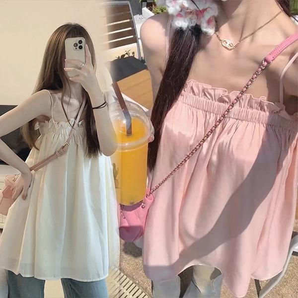 mimi&didi#เสื้อคลุมหลังสไตล์ฝรั่งเศส ดีไซน์สายเดี่ยวหลวม, แขนกุดฤดูร้อน น่ารักและหวาน สำหรับผู้หญิง#99373