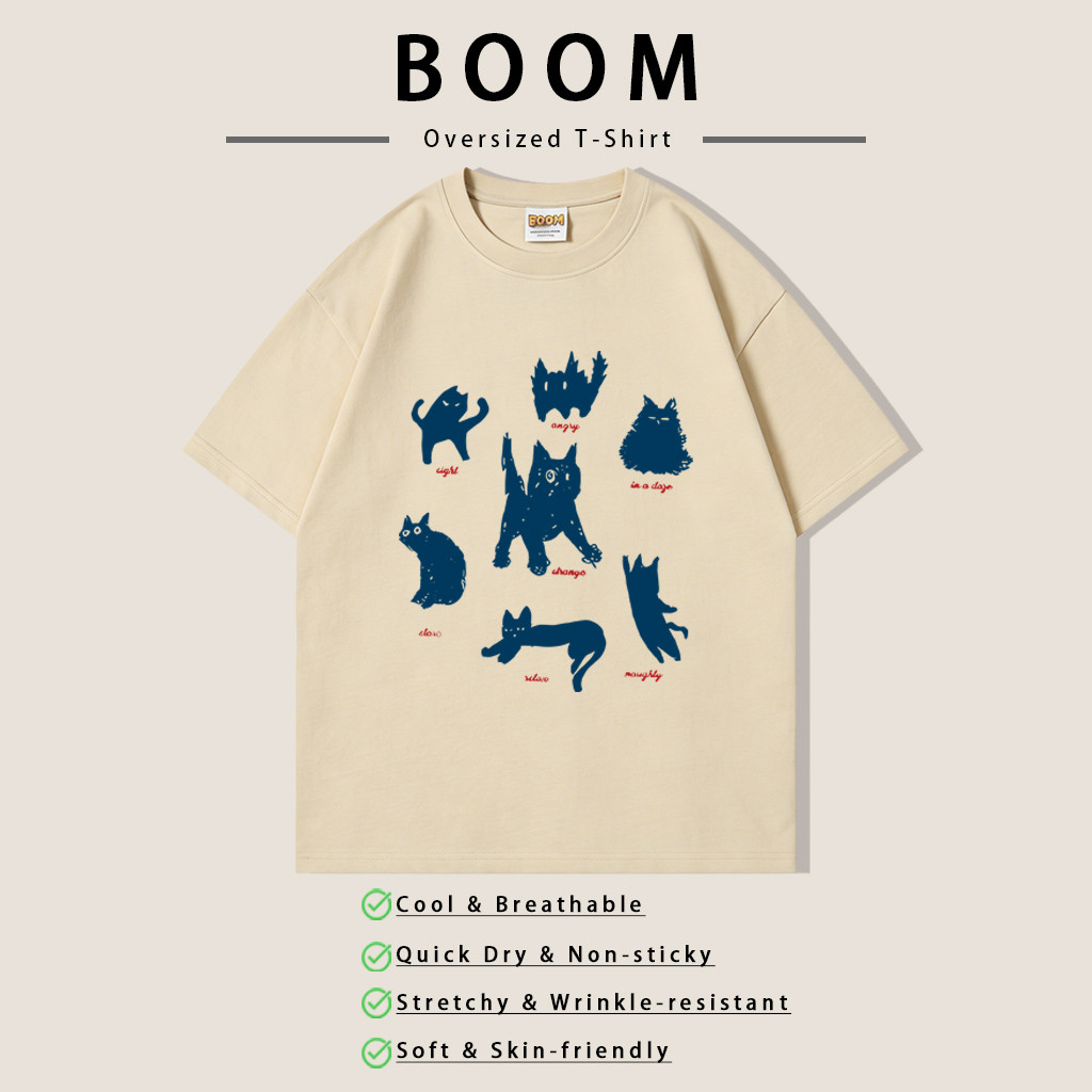 COD✅ (จัดส่งในกรุงเทพฯ)BOOM ฤดูร้อน Niche Design แมวพิมพ์ผ้าฝ้ายเสื้อยืดแขนสั้นผู้หญิงหลวมด้านบน oversize 6สี S-3xl