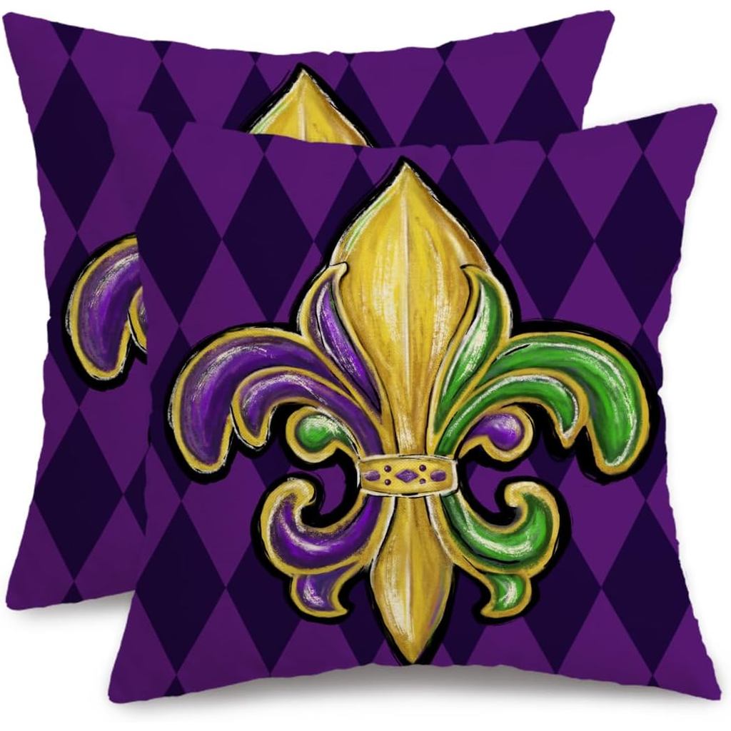 AACORS Mardi Gras หมอน 16X16 นิ้ว Fleur De Lis ลูกปัดตกแต่งวันหยุด Farmhouse Pilow กรณีตกแต่งสําหรับ