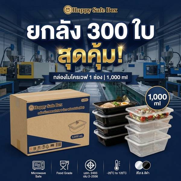 (ยกลัง 300 ใบ)กล่องอาหาร 1 ช่อง ขนาด 500 650 750 1,000 ml. เข้าไมโครเวฟได้ (มอก.)ไทย เลือกสี(สีใส สีดำ)