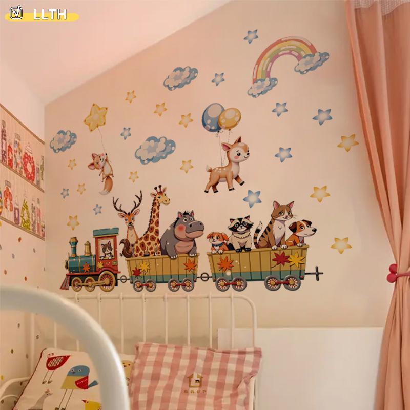 LLTH การ์ตูนสัตว์รถไฟ Wall Stier ที่ถอดออกได้ PVC ตกแต่งผนังสําหรับเนอสเซอรี่ห้องนอนเด็กตกแต่งบ้านร้