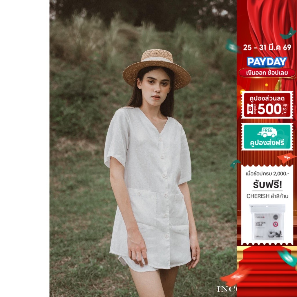INCO WOMEN เดรสคอวี แขน5 ส่วน ผ่าสาบหน้า ผ้าลินิน