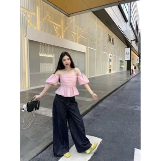 Rosie🎀พร้อมส่ง🍦เสื้อปาดไหล่แขนพองทรงครอป ผ้าร่องน่าชอบ เซ็กซี่และหรูหรา เหมาะเป็นชุดทะเล