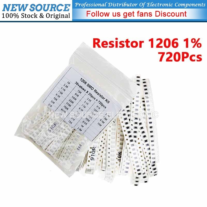 [720PCS] 1206 SMD Resistor Assorted Kit 36ValuesX20PCS 1% 10R 10M 3.3R 5.1R 10K 51K 100R K 330R Ohm
