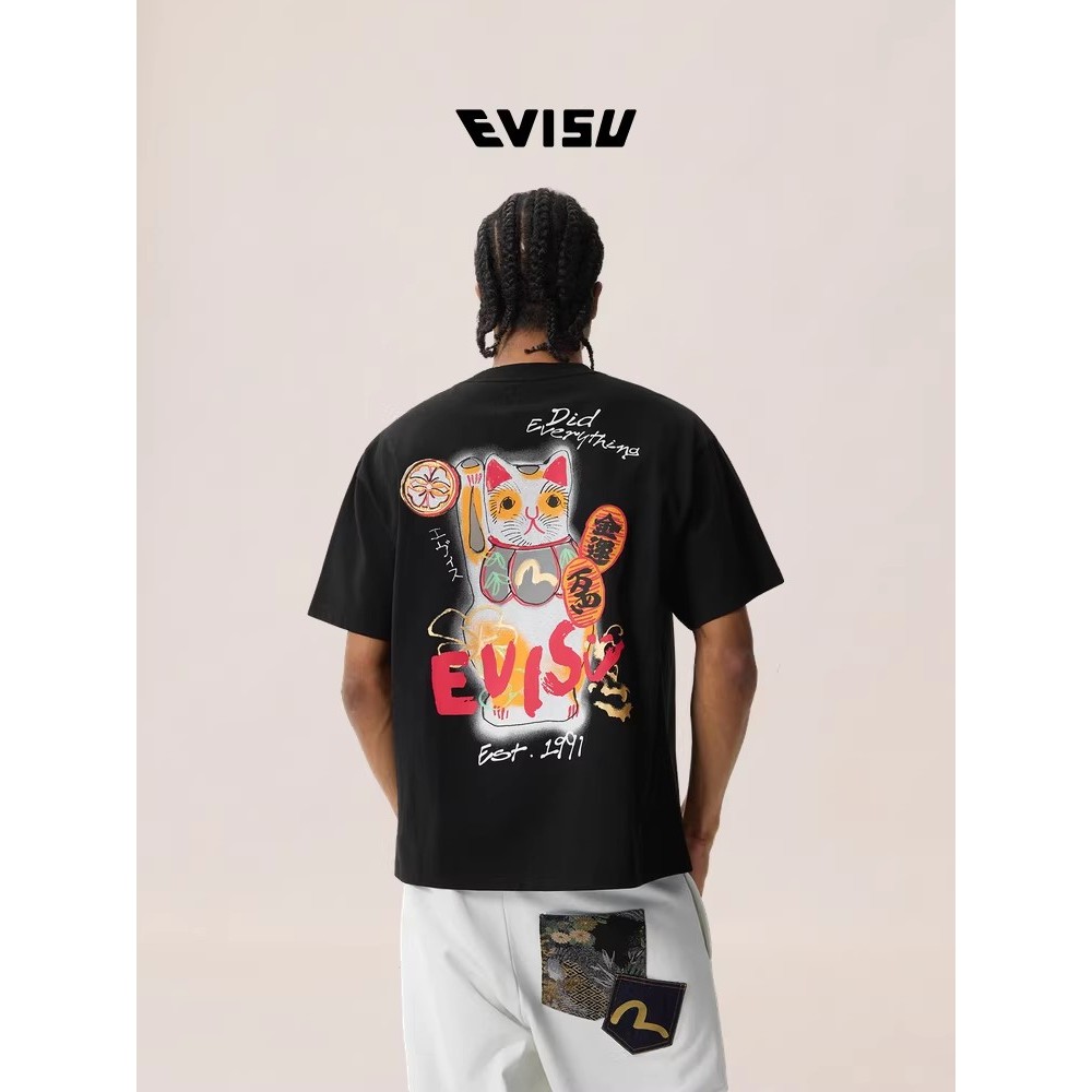 EVCX Mens Hand-Painted Lucky Cat เสื้อยืด 2ESHTM6TS1096RXCT