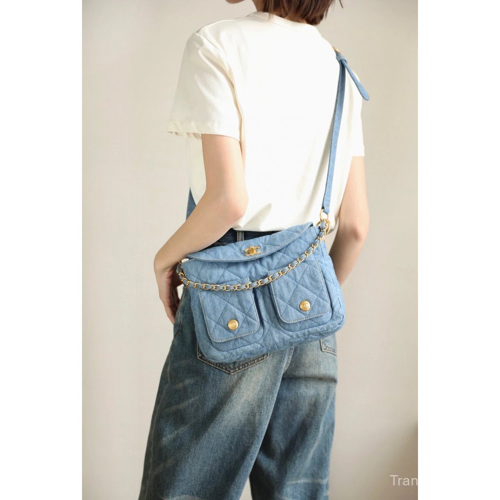 CHANEL Original Leather P Denim hobo Messenger Bag Double Pocket Ladies Shoulder Bag Hippie hobo Mes