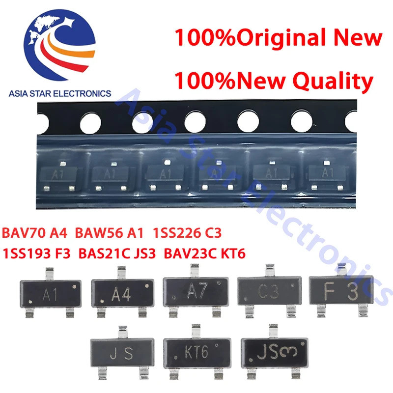 5pcs BAW56 A1 BAV70 A4 BAV99 A7 BAV23C KT6 BAS21C JS3 BAS21 JS 1SS226 C3 1SS193 F3 SOT-23 SMD สวิทช์