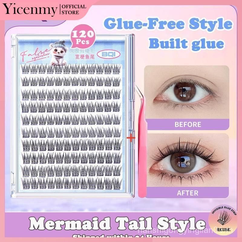 ด้วยแหนบ BQI 100-120 Cluster ขนตาปลอมกาว Self-Adhesive ใหม่อัพเกรด Softer Lashes กาวฟรี 10-12 มม.C C