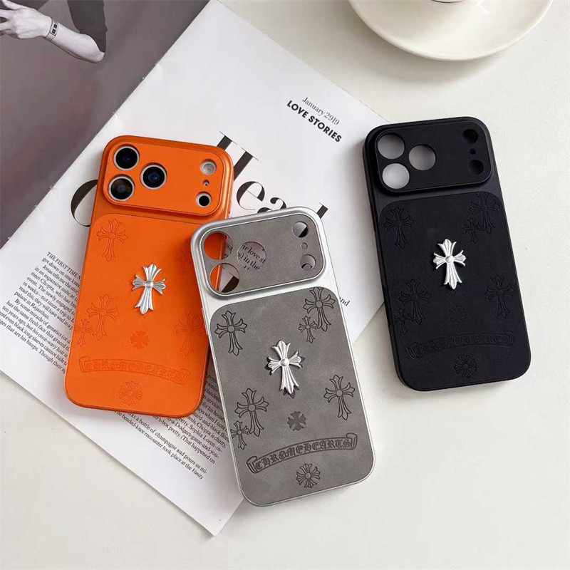Vintage แบรนด์ใหญ่โลโก้โลหะหนังทันทีเปลี่ยน 17 เคสโทรศัพท์สําหรับ IPhone 14 15 16 ProMax 17 ProMax 13 Pro 17pro 16pro 15pro C hrome Hearts ปลอกกลับกรณี