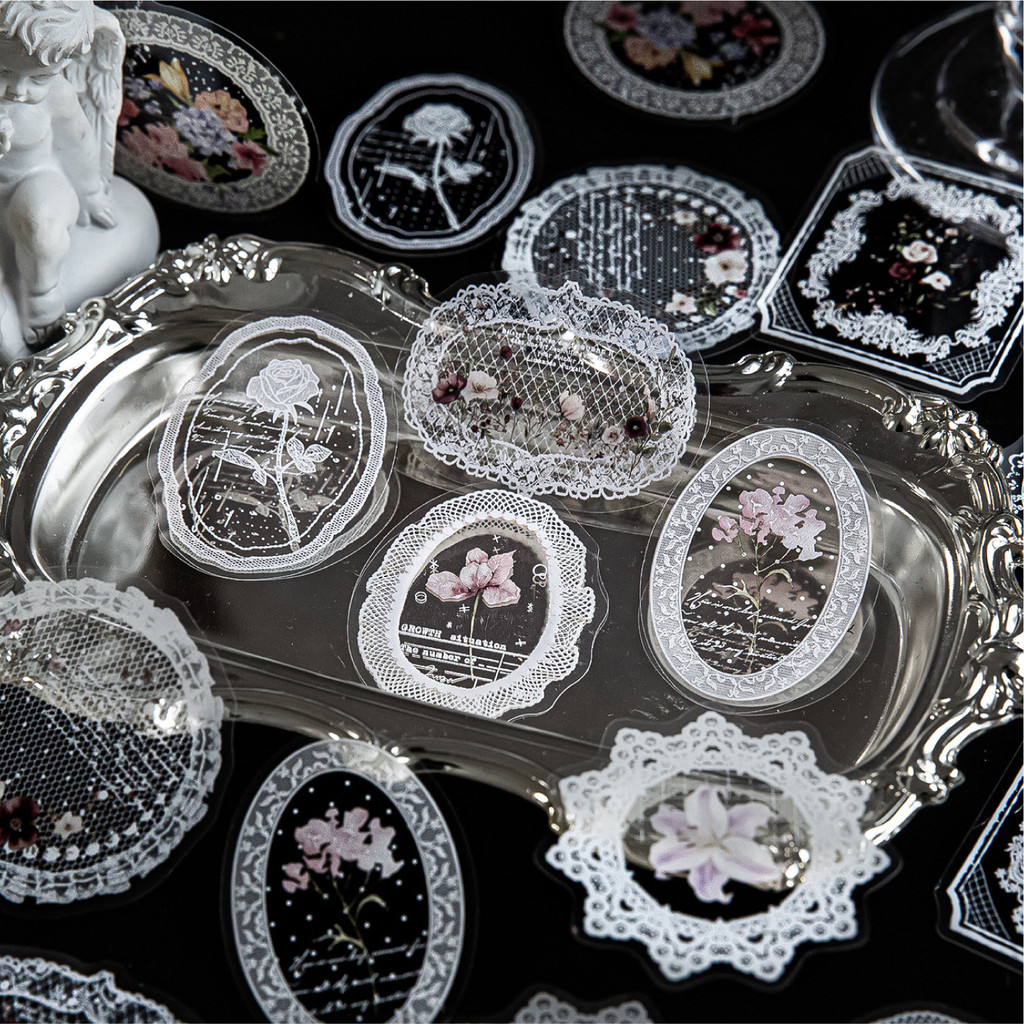 P PET Sticker Pack Lace Dance Song Light Retro Butterfly Heart Pattern คู่มือตกแต่ง Collage