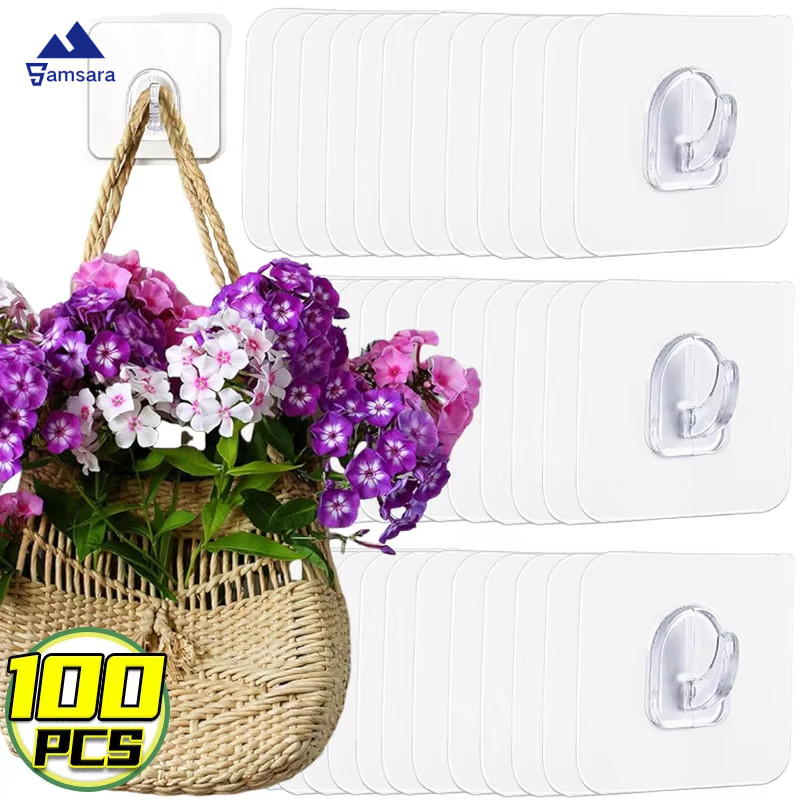 30-100ชิ้น ตะขอกาวกันน้ําสําหรับพื้นที่เปียก | ไม่มีความเสียหายแขวนผนังห้องครัวห้องน้ําใช้,ตะขอพีวีซีใสหนา