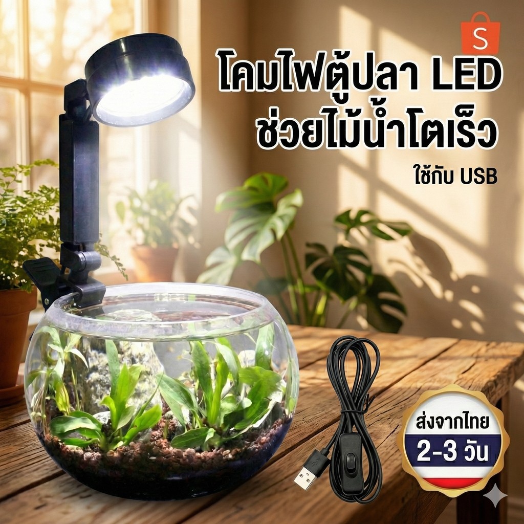 โคมไฟในตู้ปลา USB LED ปรับความยาวได้ ปรับได้ 3 สี สำหรับตู้ปลาทรงกลมและสี่เหลี่ยม กำลังไฟ 5 W E40