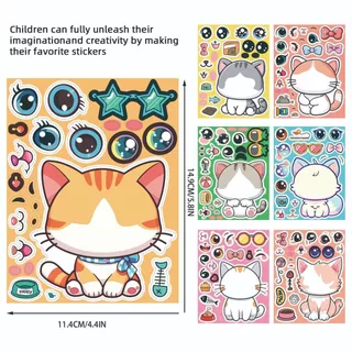 8ชิ้นแมวใบหน้าเปลี่ยนสติกเกอร์เด็ก ทําเอง ตรัสรู้ปริศนาของเล่นสติกเกอร์