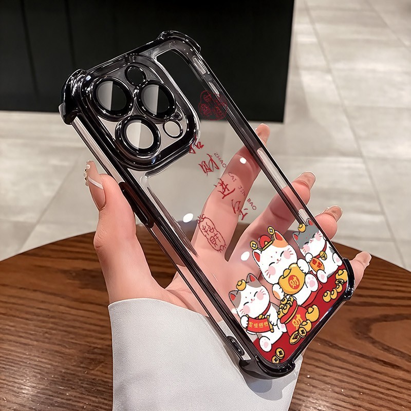 ชัดเจน เคส สำหรับ Samsung S25 S26 S24 S23 S22 S21 Ultra Plus FE 5G หรูหราพรีเมี่ยมน่ารัก Rich Lucky Cat โปร่งใสชุบกันกระแทกกรณีโทรศัพท์นุ่ม