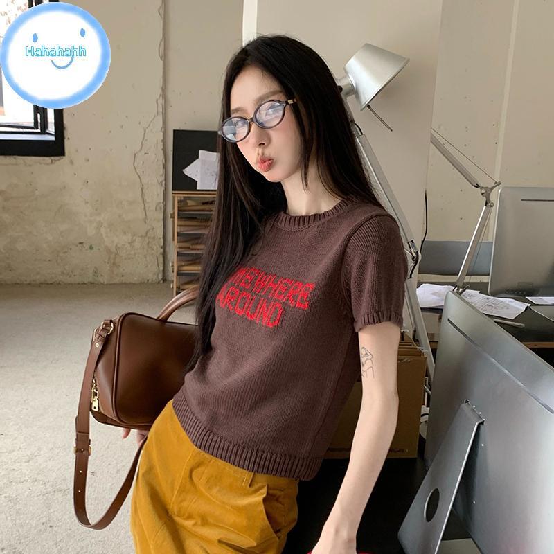 ผ้าไหมผู้หญิง Vintage Elegant Slim แขนสั้น O-คอ Pullover ลายพิมพ์ Chic Letters สไตล์ summers ถักเบสิก
