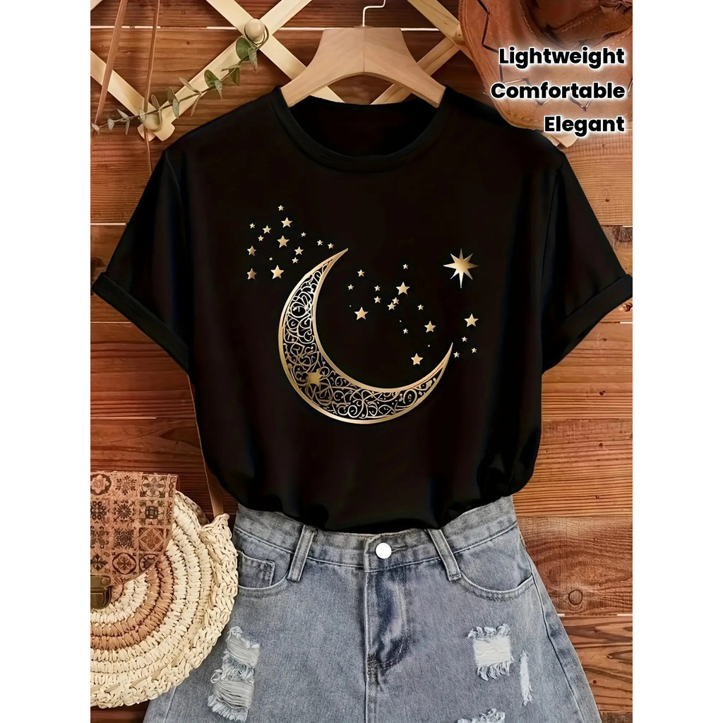 ท็อปเสื้อยืดพิมพ์ลายพระจันทร์และดวงดาวสำหรับผู้หญิง - เสื้อแขนสั้นคอกลมสบายๆ สำหรับฤดูใบไม้ผลิ/ฤดูร้อน