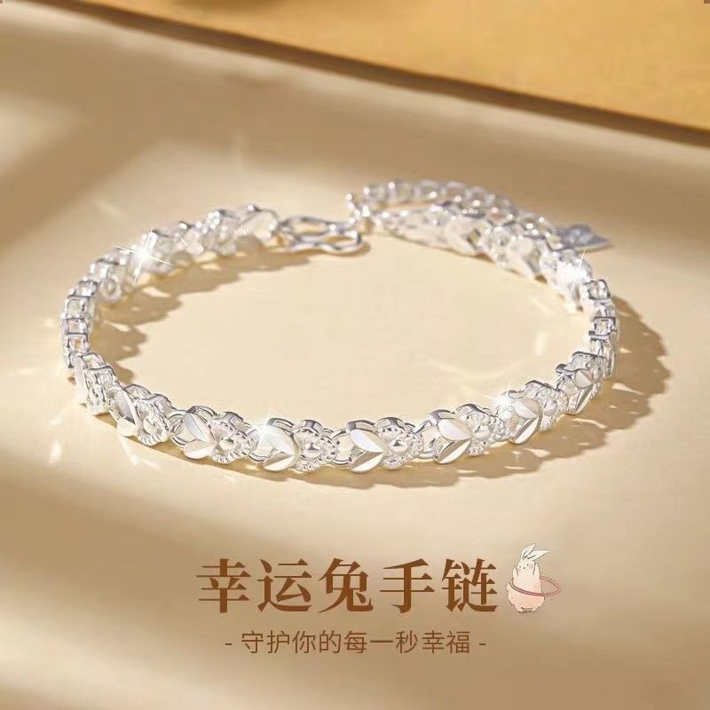 S999纯银女幸运兔手链简约diy小清新风520情人节女朋友生日礼物1.15S999 Sterl Silver Lucky Rabbit Bracelet for Women Simple DIY F