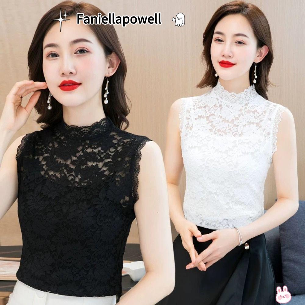 เสื้อกล้ามผ้าลูกไม้ยืดหยุ่น สีดำและขาว ขนาด L-3XL ครึ่งคอปกสูงสำหรับผู้หญิง