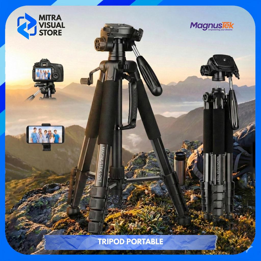 MagnusTek V26T ขาตั้งกล้องแบบพกพา Heavy Duty 150 ซม.สําหรับทําวิดีโอ, วัสดุอลูมิเนียมพร้อมที่วางโทรศ