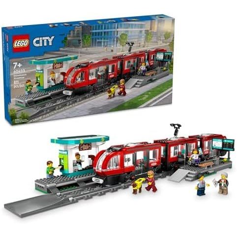 LEGO City Downtown Streetcar และชุดรถไฟสถานี - ชุดอาคารรถไฟของเล่นเด็กสําหรับแกล้งเล่น & จินตนาการ อ