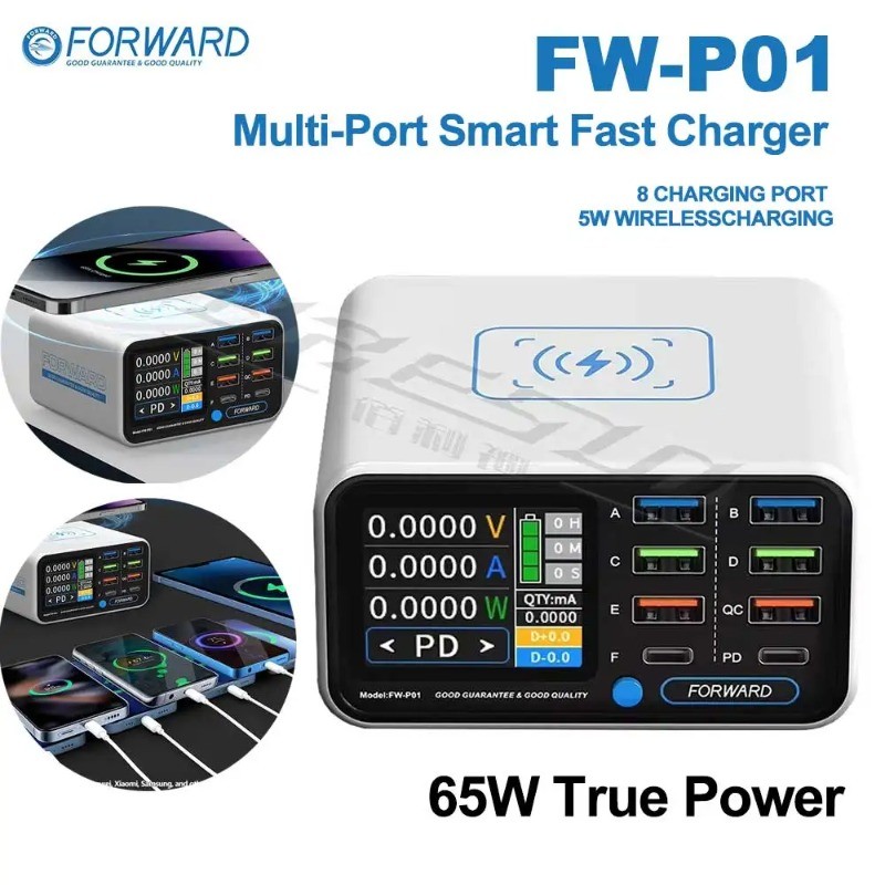 FORWARD FW-P01 สมาร์ทหลายพอร์ต Fast Charger 65W รองรับการชาร์จไร้สายโทรศัพท์แท็บเล็ตมือถือแล็ปท็อปซ่อมเครื่องมือชาร์จเร็ว