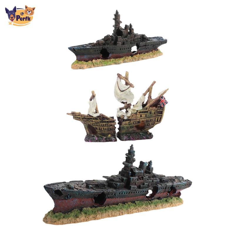 Perfk การตกแต่งตู้ปลา Wreck, อุปกรณ์เสริม Resin Sunken Ship Terrarium, เครื่องประดับตู้ปลา, ที่หลบสัตว์เลื้อยคลาน