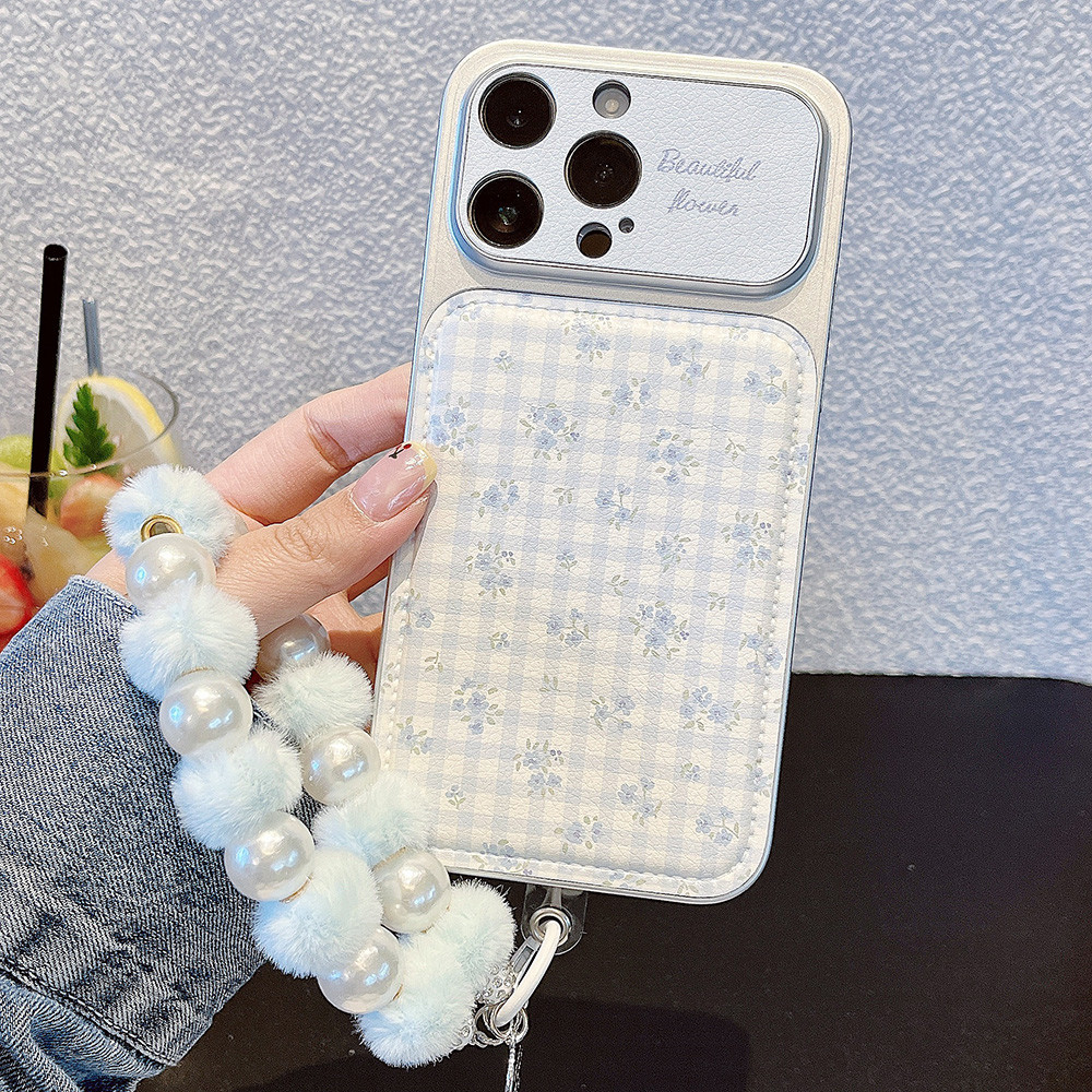 ดอกไม้สีฟ้าตารางโซ่หนัง หน้าต่าง เคสโทรศัพท์สําหรับ ไอโฟน 17 มือโปร สูงสุด 16 15 14 13 กันกระแทกป้องกันปลอก
